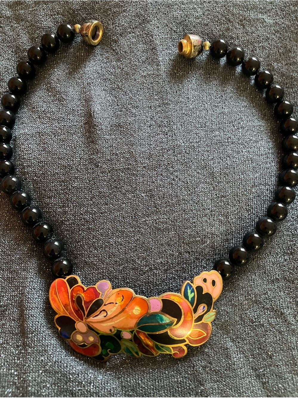 Vintage David Kuo Champleve Enamel beaded Onyx Statement Nexcklace